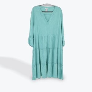 Multiples Womens Tiered‎ Fringe Hem Dress 2X Aqua Blue Rayon Linen Blend New